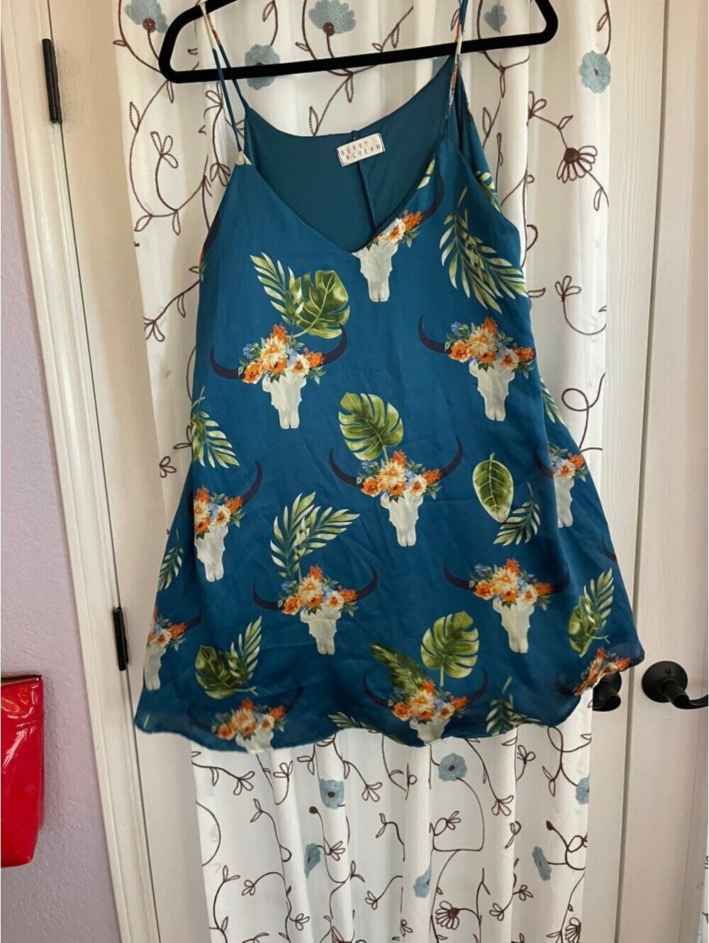 Berry N Cream | Sz L | Teal Floral and Skull Print Boho Mini Dress - Picture 6 of 7